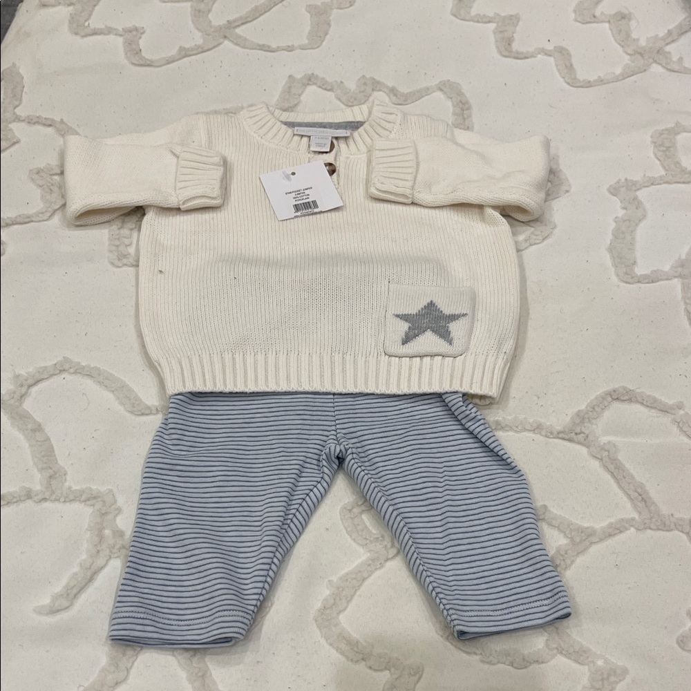 The Little White Company London Sweater and Blue Striped Pants Set